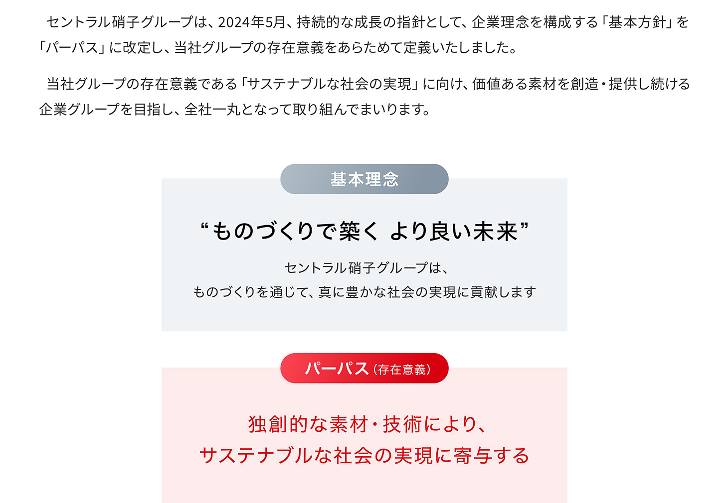 基本理念 ”ものづくりで築く　より良い未来” セントラル硝子グループは、ものづくりを通じて、真に豊かな社会の実現に貢献します パーパス（存在意義） 独創的な素材・技術により、サステナブルな社会の実現に寄与する